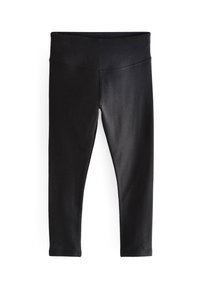 Zwarte leggings van een gladde, elastische stof. Voorzien van een brede tailleband en een aansluitend ontwerp dat naar de enkel toe tapsert. Geen zichtbare patronen of accenten.