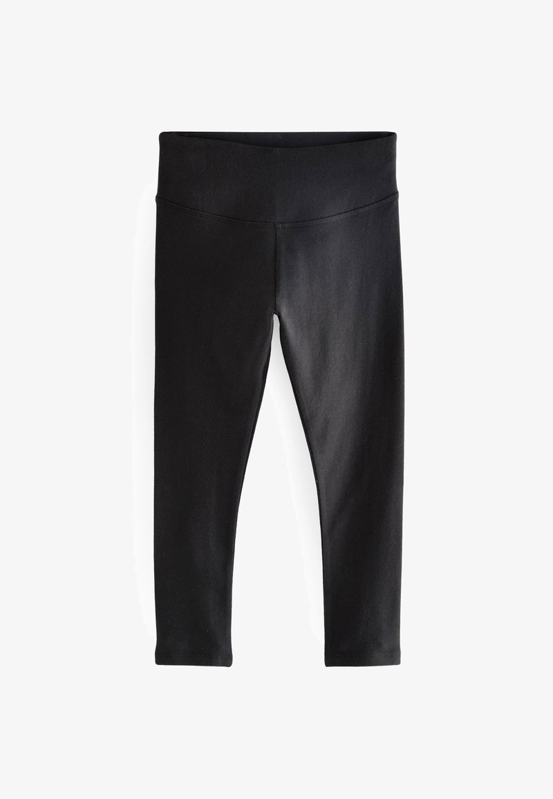 Leggings neri con un tessuto liscio e elastico. Presentano una vita alta e un design aderente che si restringe alla caviglia. Nessun motivo o accento visibile.