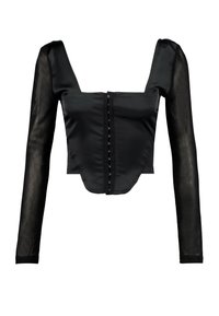 Černý krátký top se čtvercovým výstřihem, dlouhými průsvitnými rukávy a zapínáním vpředu se stříbrnými knoflíky. Hladká saténová látka s pěkně tvarovaným střihem.