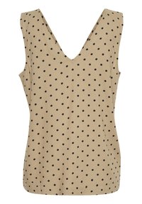 Top sans manches beige avec un décolleté en V profond, orné de pois noirs, texture lisse et ourlet droit.