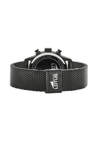 Montre en acier inoxydable noir avec un bracelet en maille, boîtier rond et détail du logo. Les caractéristiques incluent deux poussoirs et un fermoir élégant.