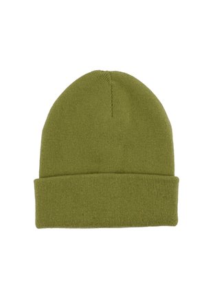 Olive green knit beanie with folded cuff, plain design, and visible knitting texture against white background.