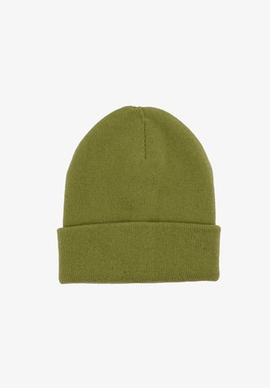 Olive green knit beanie with folded cuff, plain design, and visible knitting texture against white background.