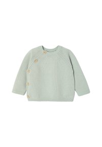 Hellgrüner, gestrickter Pullover mit langen Ärmeln, ausgestattet mit Holzknöpfen an der Seite sowie einem gerippten Halsausschnitt und Saum.