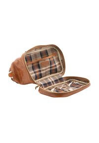 Borsa in pelle marrone con chiusura a zip, dotata di un interno a motivo tartan. Include tasche interne e cinturini elastici per un'ottimizzazione dello spazio.