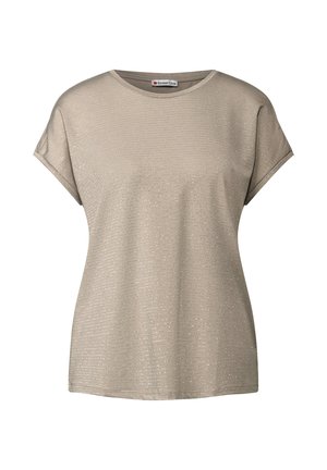 Beige T-shirt met korte mouwen en een ronde halslijn, voorzien van een gestructureerd patroon van fijne strepen en subtiele metallic accenten.