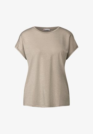 Krémové tričko s krátkým rukávem a kulatým výstřihem, s texturovaným vzorem jemných pruhů a subtilními metalickými akcenty.