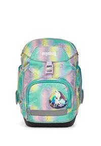 Zaino con un design pastello a motivo bolle in verde, rosa e blu. Include una tasca frontale con una grafica di unicorno e un accento grigio.