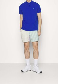 Camisa polo azul con un logo verde, combinada con pantalones cortos de rayas múltiples en colores pastel, zapatillas deportivas blancas y calcetines. Atuendo casual adecuado para clima cálido.