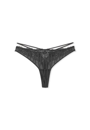 Perizoma in pizzo nero caratterizzato da intricati motivi floreali, fasce elastiche e una vita sottile. Tessuto testurizzato con sezioni aperte.