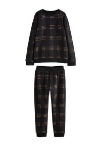 Loungewear sæt med tern i sorte og brune nuancer. Fleece materiale, langærmet top med ribkanter ved ærmerne, bukser med elastik i taljen.