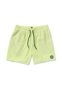 Pantaloni da bagno verde chiaro realizzati in un tessuto liscio, con vita elasticizzata, coulisse nera e tasche frontali. Include una toppa con logo.