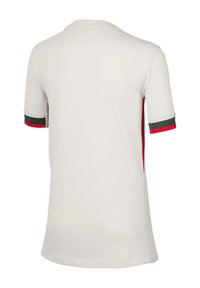Kurzärmliges weißes Trikot mit roten und grünen Streifenakzenten an den Ärmeln, gerundetem Halsausschnitt und strukturierter Stoffoberfläche.