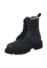 Stivaletti alla caviglia di colore blu navy in camoscio, con fodera soffice, design con lacci, occhielli in metallo e suola spessa in gomma con scanalature profonde.