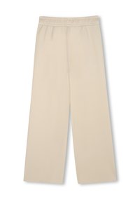 Beige wijde broek met een elastische tailleband. Gemaakt van lichtgewicht stof, met een gladde textuur en een minimalistisch ontwerp.