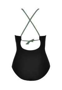 Maillot de bain une pièce noir avec un dos nu et des bretelles croisées vertes, au toucher lisse et à la conception simple.