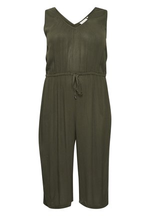 Olivgrön ärmlös jumpsuit med V-ringning, dragsko i midjan och lösa, korta byxor. Slät, lättviktsstoff med en subtil lyster.