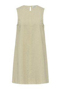 Ärmelloses beiges Kleid mit geradem Schnitt, strukturiertem Stoff, Rückenschlitz-Detail und einfachem Ausschnitt. Minimalistisches Design.