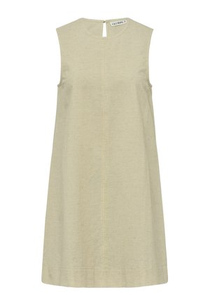 Sleeveless beige dress with a straight cut, textured fabric, back keyhole detail, and a simple neckline. Minimalistic design.