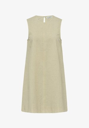 Sleeveless beige dress with a straight cut, textured fabric, back keyhole detail, and a simple neckline. Minimalistic design.