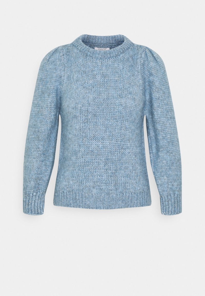 Pull tricoté bleu clair à manches longues, poignets, ourlet et col rond côtelé, présenté sur un fond neutre.