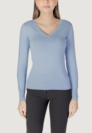 Maglione azzurro chiaro a maniche lunghe con scollo a V, realizzato in materiale a coste. Presenta decorazioni testurizzate sui lati e un design aderente.