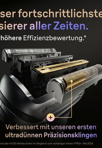 Elektrischer Rasierer mit einem eleganten Gehäuse aus Schwarz und Silber, ausgestattet mit komplizierten goldenen und silbernen Klingen. Auffällige Maschen und filigrane Details im Design.
