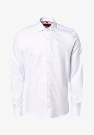 Weiße Langarmbluse aus Baumwollstoff, mit Knopfleiste aus perlenfarbenen Knöpfen, umgeschlagenem Kragen und Manschetten, glatte Textur, ohne Muster.