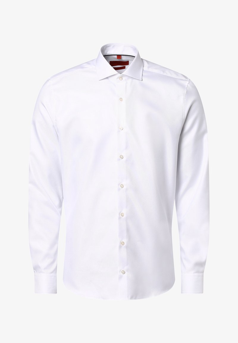 Weiße Langarmbluse aus Baumwollstoff, mit Knopfleiste aus perlenfarbenen Knöpfen, umgeschlagenem Kragen und Manschetten, glatte Textur, ohne Muster.