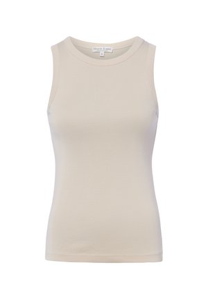 Sleeveless beige women's tank top with round neckline, fitted silhouette, and brand label inside collar.