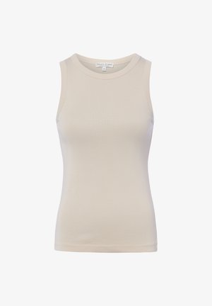 Ärmelloses beiges Damen-Top mit rundem Ausschnitt, figurbetonter Silhouette und Markenetikett im Innenkragen.