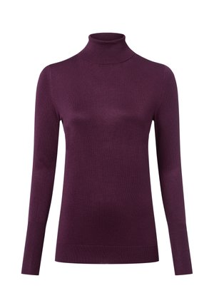Lila Rollkragenpullover aus einem glatten Strickstoff. Ausgestattet mit langen Ärmeln und gerippten Säumen für eine figurbetonte Silhouette.