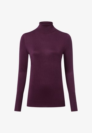 Purple turtleneck sweater made of a smooth knit fabric. Features long sleeves and ribbed hems for a fitted silhouette.