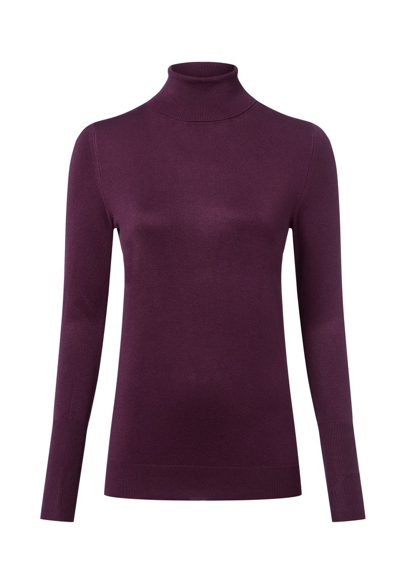 Fioletowy sweter z golfem wykonany z gładkiej dzianiny. Posiada długie rękawy oraz ściągacze na brzegach, co zapewnia dopasowany krój.