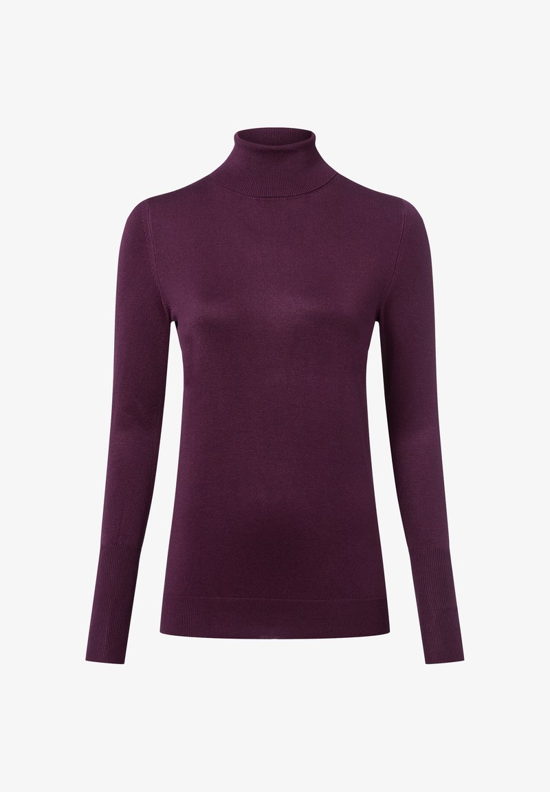 Lila Rollkragenpullover aus einem glatten Strickstoff. Ausgestattet mit langen Ärmeln und gerippten Säumen für eine figurbetonte Silhouette.