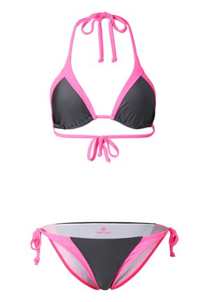 Zweiteiliger Bikini mit schwarzem Stoff und knallpinkem Besatz, mit Neckholderbändern am Oberteil und seitlichen Bändern am Unterteil.