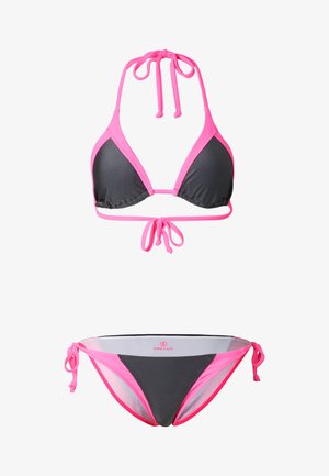 Two-piece bikini set with black fabric and bright pink trim, featuring halter neck ties on the top and side ties on the bottom.