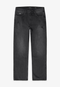 Svarta raka jeans i denim med lätt slitage vid framfickorna, bälteshällor, knappstängning och blekta detaljer.