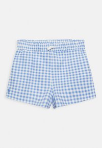 Modré a bílé kostkované plavecké šortky s elastickým pasem a nastavovací šňůrkou. Hladká textura, lehká tkanina.