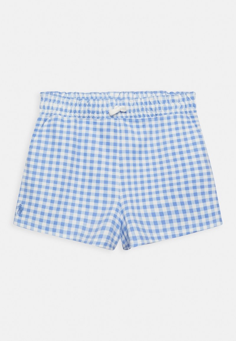 Modré a bílé kostkované plavecké šortky s elastickým pasem a nastavovací šňůrkou. Hladká textura, lehká tkanina.