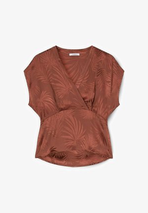 Bruine blouse met korte mouwen en V-hals, subtiel patroon van palmbladeren, voorzien van een geplooide taille en een licht gebogen zoom.