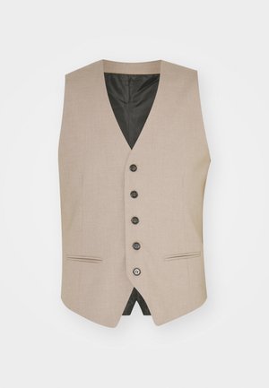 Beige vest lavet af vævet stof med v-hals, seks sorte knapper, sidelommer og en sort inderside.