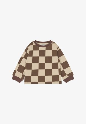 Chemise à manches longues avec col rond, grand motif damier marron et beige et poignets et col côtelés.