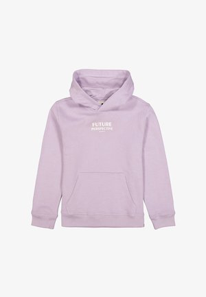Fliederfarbener Kapuzenpullover mit Kängurutasche, weißem Schriftzug "FUTURE PERSPECTIVE" und Kordelzug an der Kapuze. Weicher Stoff mit gerippten Bündchen am Ärmel und Saum.