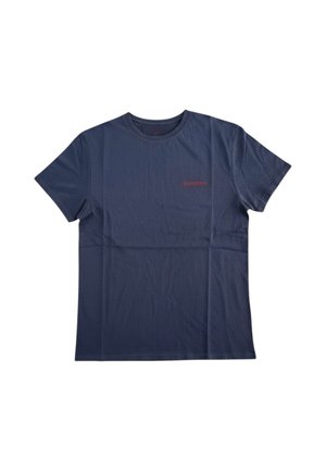 T-shirt blu navy a maniche corte con scollo tondo e piccolo logo rosso sul petto sinistro.