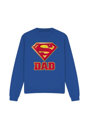Blue sweatshirt with a large red and yellow Superman logo above the word "DAD" in bold red letters with yellow outline on the front.