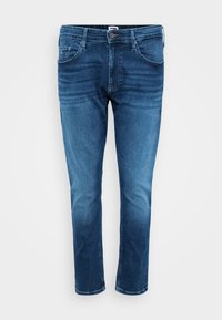 Herrars slim-fit jeans i blå denim med klassisk femfickdesign och knäppning, visade framifrån på en enfärgad bakgrund.