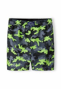 Les shorts de bain camouflage noir et vert présentent un motif hexagonal et une taille élastique avec une étiquette bleue.