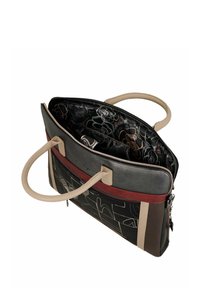 Borsa in pelle nera con dettagli grigi, bordeaux e beige; chiusura con zip; due manici; interno a fantasia floreale; vari scomparti visibili.