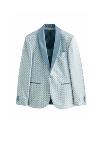 Blazer azzurro chiaro con un motivo a spina di pesce, rever in satin, due tasche frontali e una tasca sul petto. Tessuto liscio e strutturato.